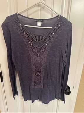 VENUS Blue Long Sleeve Crochet-Front Top with Stud Detail